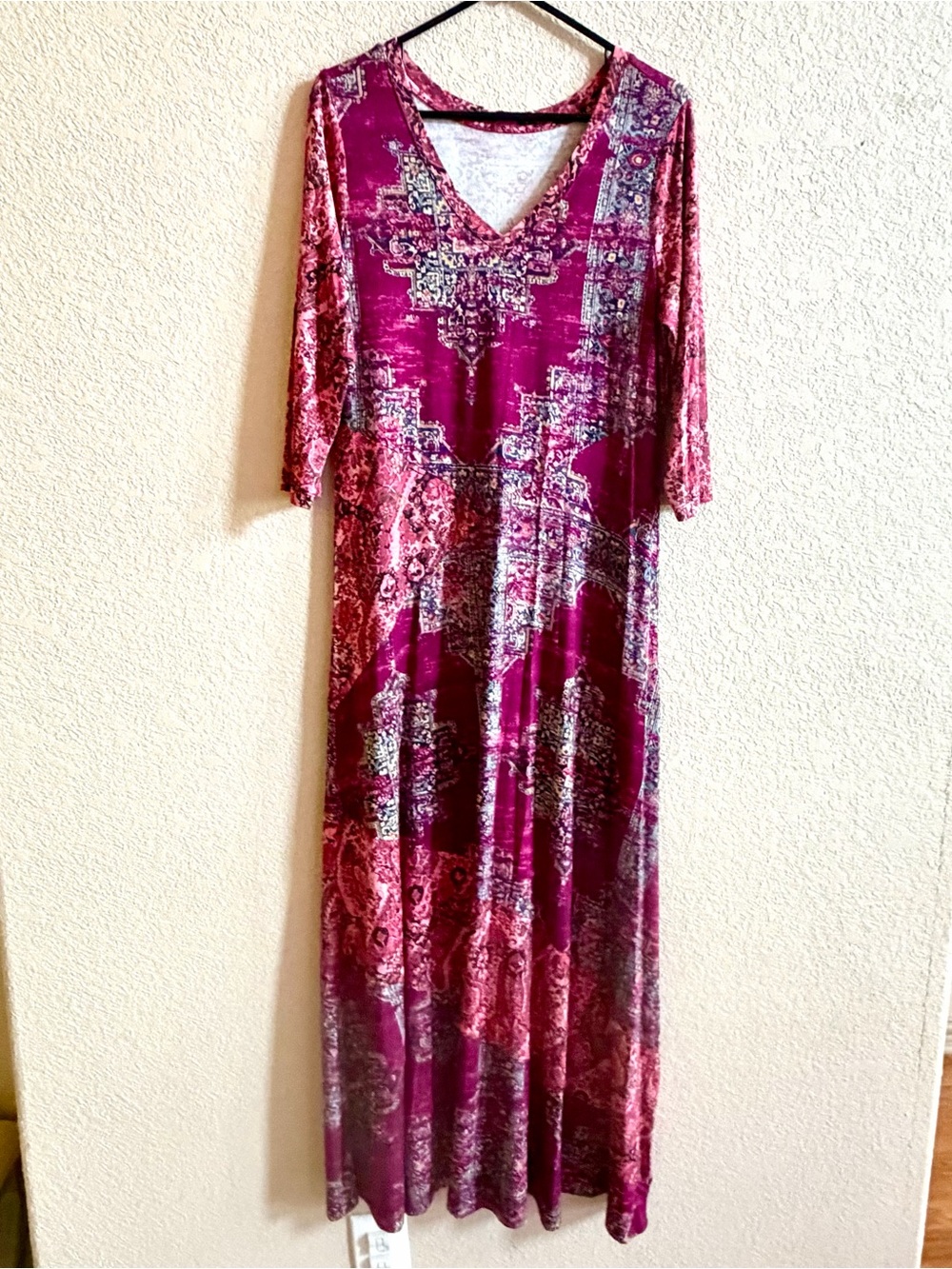 SOFT SURROUNDINGS Size M Tibetan Maxi Dress V Neck 3/4 Sleeve Trina Multi Pink